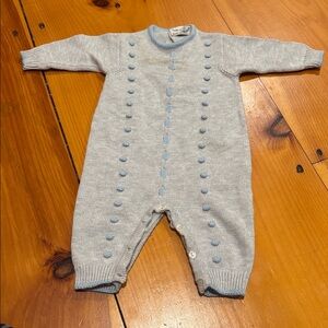 PICCOLA GIUGGIOLA 3M Blue Sweater Knit Romper Button Up Italian Cotton